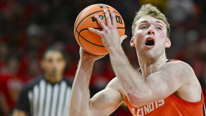 Feb 17, 2024; College Park, Maryland, USA;  Illinois Fighting Illini forward Marcus Domask (3) looks to shoot during the first half against the Maryland Terrapins at Xfinity Center. Mandatory Credit: Tommy Gilligan-USA TODAY Sports