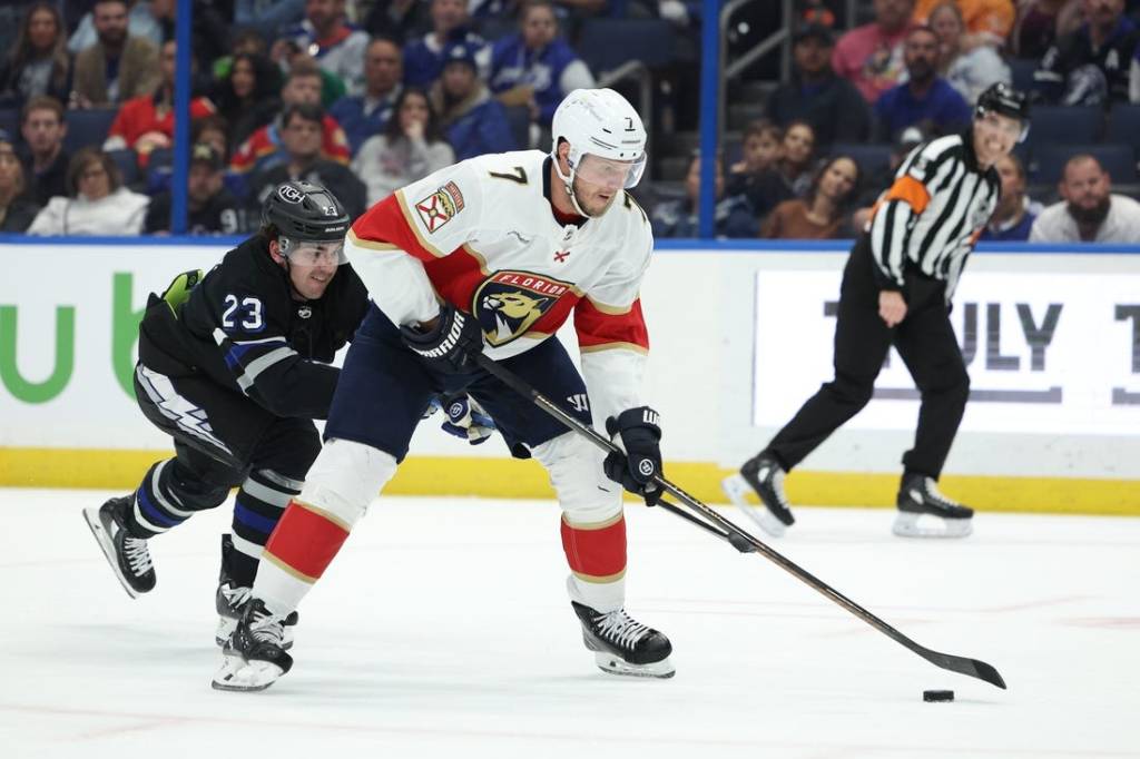 Feb 17, 2024; Tampa, Florida, USA;  Florida Panthers defenseman Dmitry Kulikov (7) controls the puck from Tampa Bay Lightning center Michael Eyssimont (23) in the second period at Amalie Arena. Mandatory Credit: Nathan Ray Seebeck-USA TODAY Sports