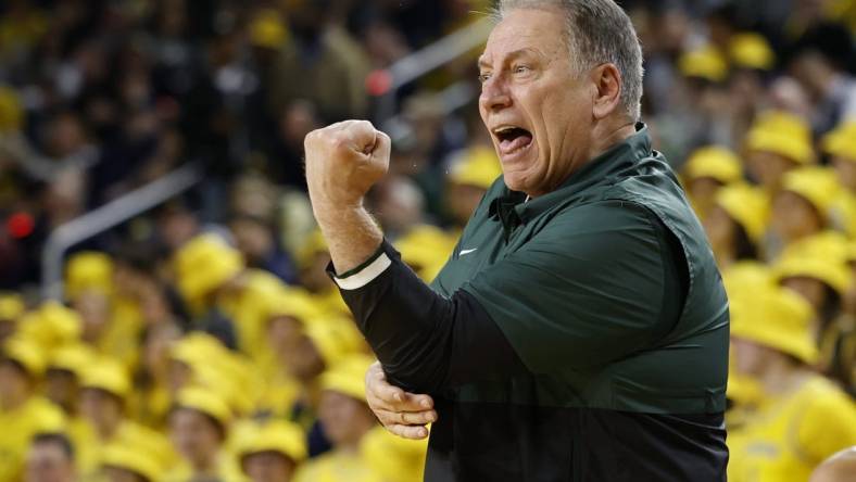 Feb 17, 2024; Ann Arbor, Michigan, USA;  Michigan State Spartans head coach Tom Izzo reacts in the first half against the Michigan Wolverines at Crisler Center. Mandatory Credit: Rick Osentoski-USA TODAY Sports