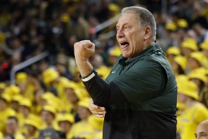 Feb 17, 2024; Ann Arbor, Michigan, USA;  Michigan State Spartans head coach Tom Izzo reacts in the first half against the Michigan Wolverines at Crisler Center. Mandatory Credit: Rick Osentoski-USA TODAY Sports