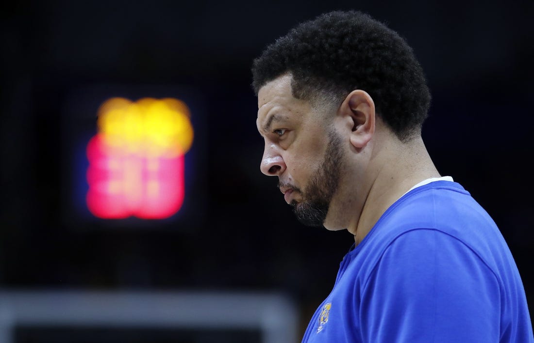 Feb 17, 2024; Pittsburgh, Pennsylvania, USA;  Pittsburgh Panthers head coach Jeff Capel reacts on the sidelines against the Louisville Cardinals during the second half at the Petersen Events Center. Pittsburgh won 86-59. Mandatory Credit: Charles LeClaire-USA TODAY Sports