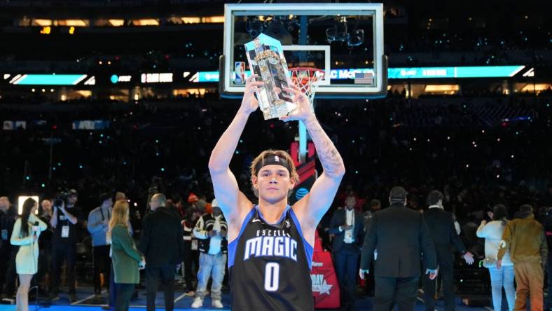 Feb 17, 2024; Indianapolis, IN, USA; Osceola Magic guard Mac McClung (0) after winning the slam dunk competition during NBA All Star Saturday Night at Lucas Oil Stadium. Mandatory Credit: Kyle Terada-USA TODAY Sports