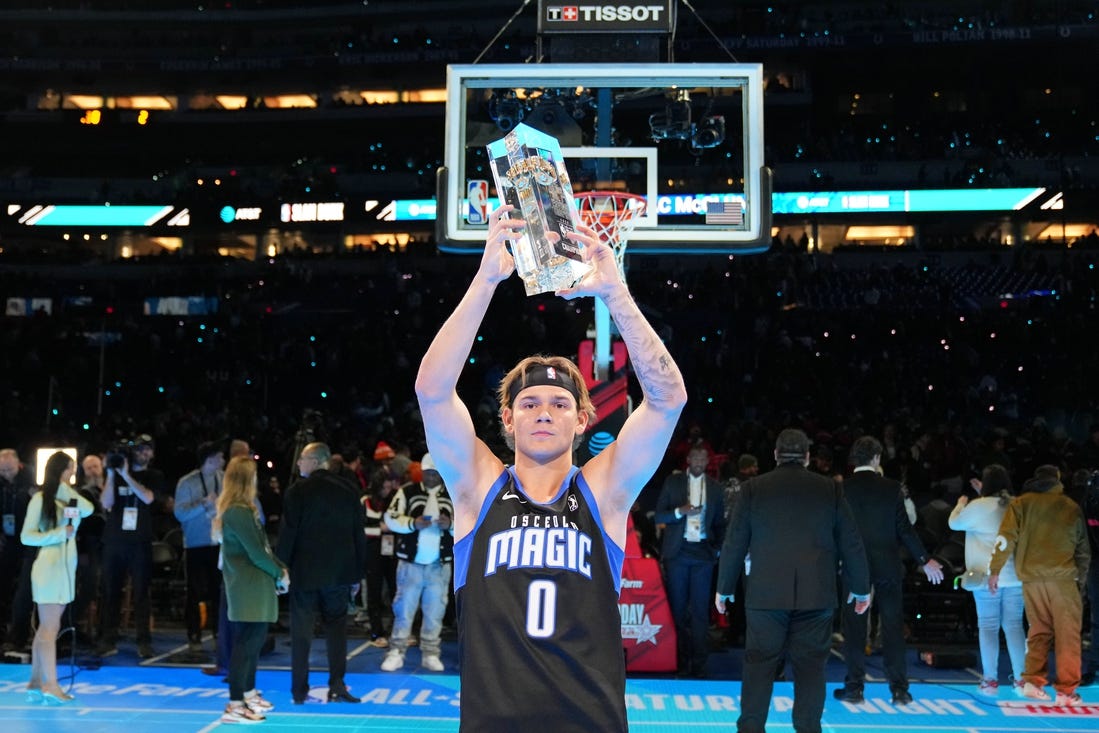 Feb 17, 2024; Indianapolis, IN, USA; Osceola Magic guard Mac McClung (0) after winning the slam dunk competition during NBA All Star Saturday Night at Lucas Oil Stadium. Mandatory Credit: Kyle Terada-USA TODAY Sports