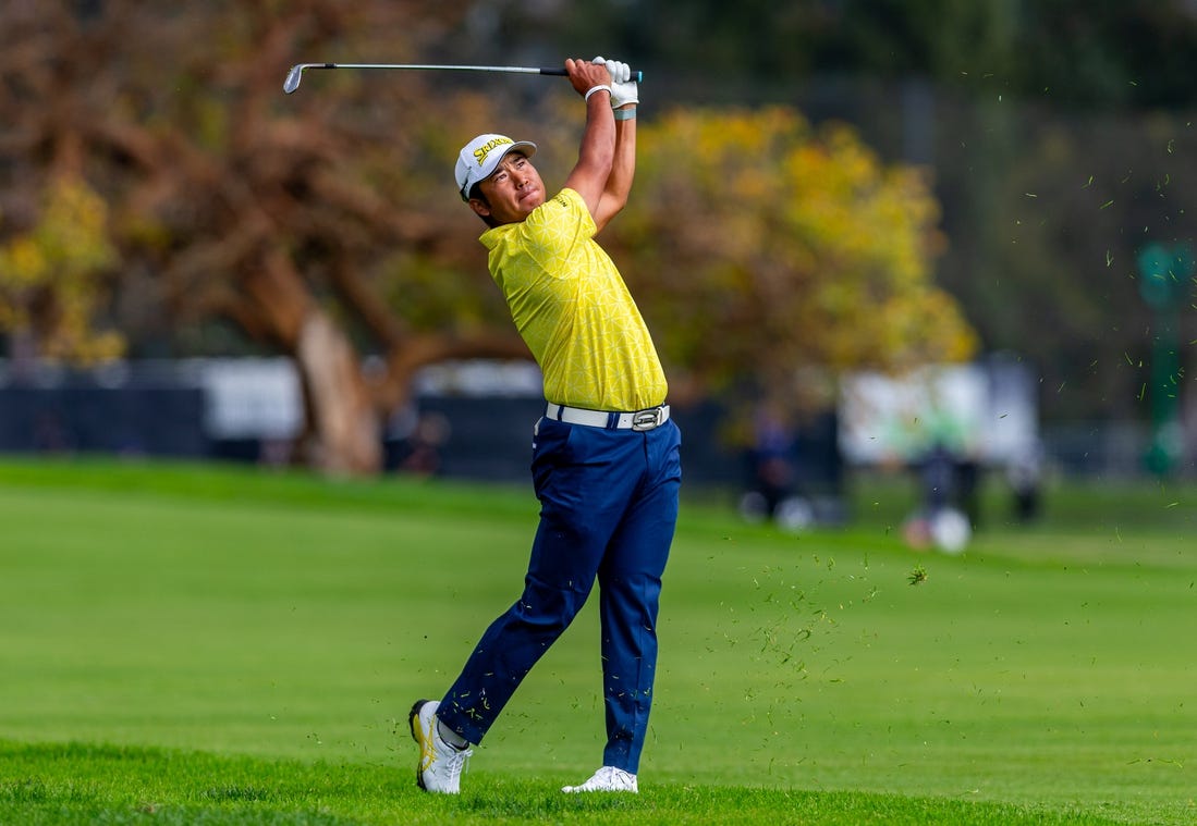 Feb 18, 2024; Pacific Palisades, California, USA; Hideki Matsuyama plays on the third hole during the final round of The Genesis Invitational golf tournament at Riveria Country Club. Mandatory Credit: Jason Parkhurst-USA TODAY Sports