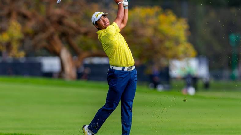 Feb 18, 2024; Pacific Palisades, California, USA; Hideki Matsuyama plays on the third hole during the final round of The Genesis Invitational golf tournament at Riveria Country Club. Mandatory Credit: Jason Parkhurst-USA TODAY Sports