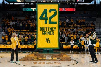 Feb 18, 2024; Waco, Texas, USA;  The Baylor Lady Bears retire jersey #42 Brittney Griner during a ceremony before a game against the Texas Tech Red Raiders at Paul and Alejandra Foster Pavilion. Mandatory Credit: Chris Jones-USA TODAY Sports