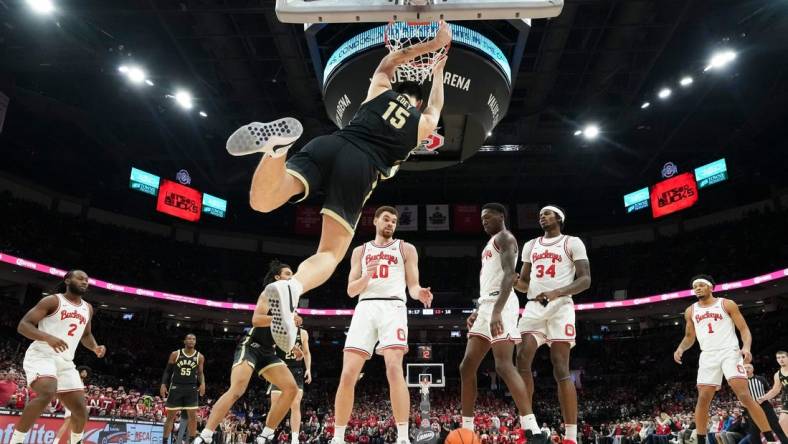 Feb 18, 2024; Columbus, Ohio, USA; Purdue Boilermakers center Zach Edey (15) dunks during the first half of the NCAA men   s basketball game against the Ohio State Buckeyes at Value City Arena. Ohio State won 73-69.