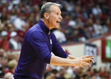 Feb 18, 2024; Bloomington, Indiana, USA;  Northwestern Wildcats head coach Chris Collins instructs his team against the Indiana Hoosiers during the second half at Simon Skjodt Assembly Hall. Mandatory Credit: Robert Goddin-USA TODAY Sports