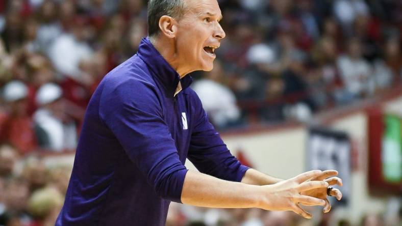 Feb 18, 2024; Bloomington, Indiana, USA;  Northwestern Wildcats head coach Chris Collins instructs his team against the Indiana Hoosiers during the second half at Simon Skjodt Assembly Hall. Mandatory Credit: Robert Goddin-USA TODAY Sports