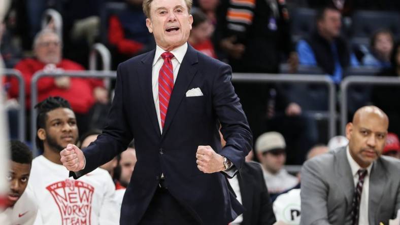 Feb 18, 2024; Elmont, New York, USA;  St. John's Red Storm head coach Rick Pitino yells out instructions in the first half against the Seton Hall Pirates at UBS Arena. Mandatory Credit: Wendell Cruz-USA TODAY Sports