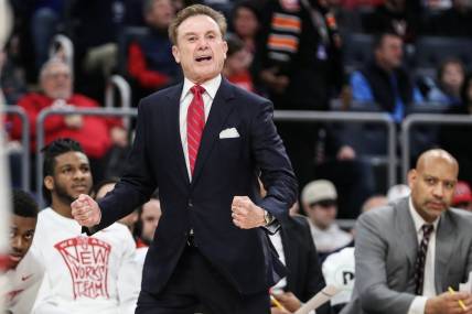 Feb 18, 2024; Elmont, New York, USA;  St. John's Red Storm head coach Rick Pitino yells out instructions in the first half against the Seton Hall Pirates at UBS Arena. Mandatory Credit: Wendell Cruz-USA TODAY Sports