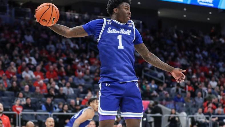 Feb 18, 2024; Elmont, New York, USA;  Seton Hall Pirates guard Kadary Richmond (1) grabs a rebound in the second half against the St. John's Red Storm at UBS Arena. Mandatory Credit: Wendell Cruz-USA TODAY Sports