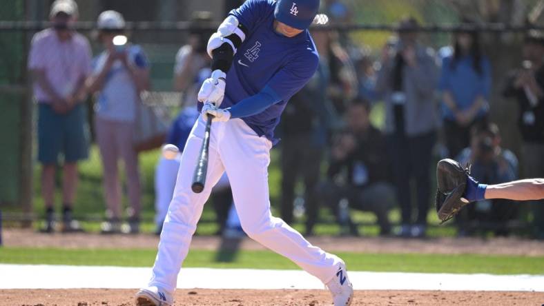 Feb 19, 2024; Glendale, AZ, USA; Los Angeles Dodgers designated hitter Shohei Ohtani (17) takes batting practice during spring training at Camelback Ranch. Mandatory Credit: Jayne Kamin-Oncea-USA TODAY Sports