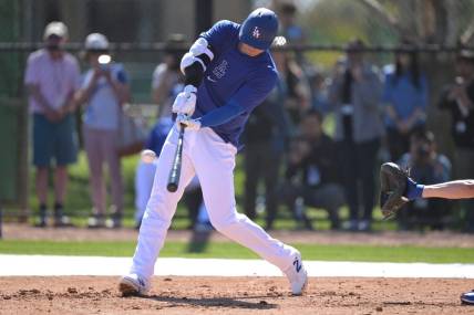 Feb 19, 2024; Glendale, AZ, USA; Los Angeles Dodgers designated hitter Shohei Ohtani (17) takes batting practice during spring training at Camelback Ranch. Mandatory Credit: Jayne Kamin-Oncea-USA TODAY Sports