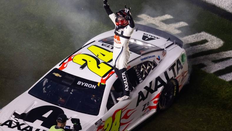 Feb 19, 2024; Daytona Beach, Florida, USA; NASCAR Cup Series driver William Byron (24) celebrates after winning the Daytona 500 at Daytona International Speedway. Mandatory Credit: Mark J. Rebilas-USA TODAY Sports