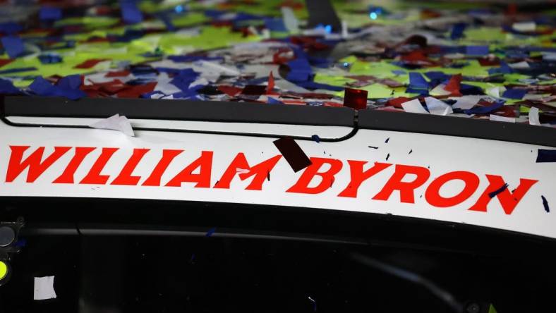 Confetti falls in victory lane after NASCAR Cup Series driver William Byron, who rode to a win in Atlanta last July, claims the Daytona 500 at Daytona International Speedway.  Mandatory Credit: Peter Casey-USA TODAY Sports