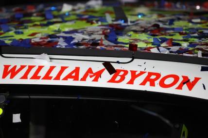 Confetti falls in victory lane after NASCAR Cup Series driver William Byron, who rode to a win in Atlanta last July, claims the Daytona 500 at Daytona International Speedway.  Mandatory Credit: Peter Casey-USA TODAY Sports
