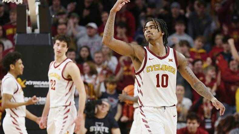 Iowa State Cyclones guard Keshon Gilbert (10) celebrates after winning 82-74 over Texas Tech during the second half in the Big-12 conference showdown of a NCAA college basketball at Hilton Coliseum on Feb. 17, 2024, in Ames, Iowa.