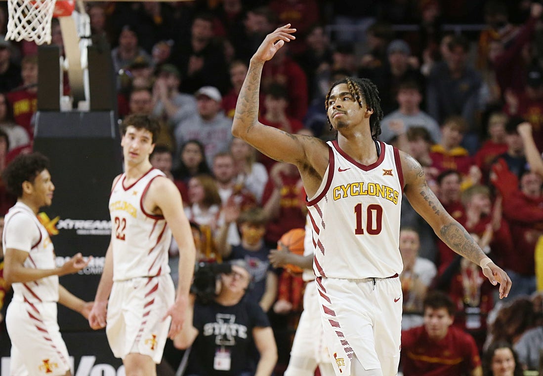 Iowa State Cyclones guard Keshon Gilbert (10) celebrates after winning 82-74 over Texas Tech during the second half in the Big-12 conference showdown of a NCAA college basketball at Hilton Coliseum on Feb. 17, 2024, in Ames, Iowa.