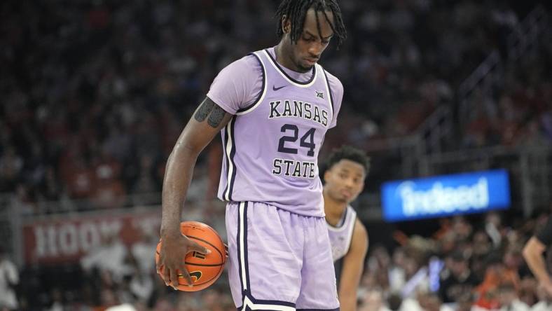 Feb 19, 2024; Austin, Texas, USA; Kansas State Wildcats forward Arthur Kaluma (24) shoots a free throw during the second half against the Texas Longhorns at Moody Center. Mandatory Credit: Scott Wachter-USA TODAY Sports