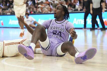 Feb 19, 2024; Austin, Texas, USA; Kansas State Wildcats forward Arthur Kaluma (24) reacts to a call during the second half against the Texas Longhorns at Moody Center. Mandatory Credit: Scott Wachter-USA TODAY Sports