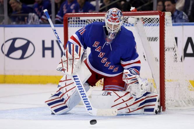 Feb 20, 2024; New York, New York, USA; New York Rangers goaltender Igor Shesterkin (31) makes a save against the Dallas Stars during the second period at Madison Square Garden. Mandatory Credit: Brad Penner-USA TODAY Sports
