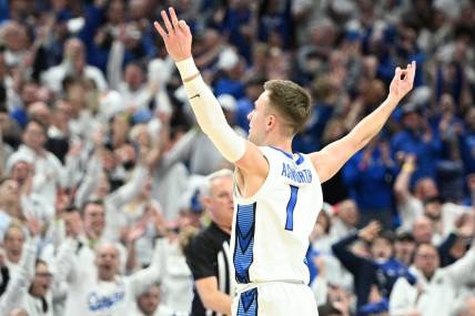 Feb 20, 2024; Omaha, Nebraska, USA; Creighton Bluejays guard Steven Ashworth (1) reacts after making a three point basket against the Connecticut Huskies in the first half at CHI Health Center Omaha. Mandatory Credit: Steven Branscombe-USA TODAY Sports