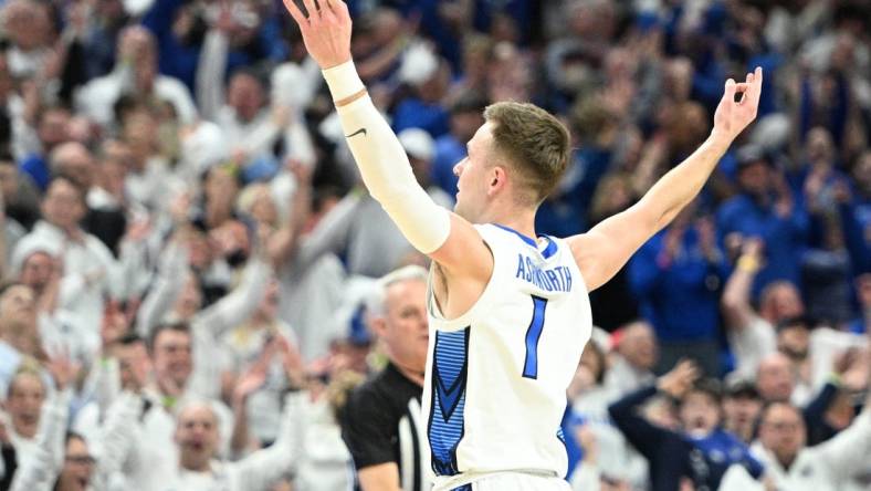 Feb 20, 2024; Omaha, Nebraska, USA; Creighton Bluejays guard Steven Ashworth (1) reacts after making a three point basket against the Connecticut Huskies in the first half at CHI Health Center Omaha. Mandatory Credit: Steven Branscombe-USA TODAY Sports