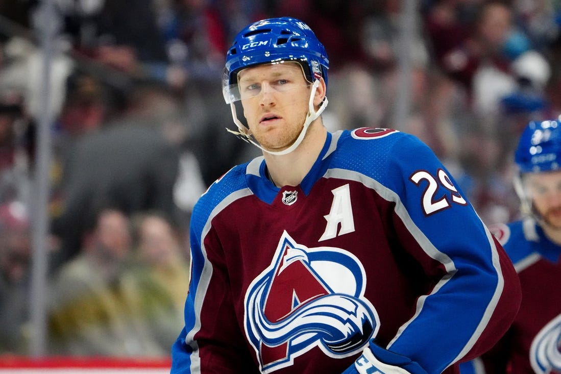 Feb 20, 2024; Denver, Colorado, USA; Colorado Avalanche center Nathan MacKinnon (29) before the game against the Vancouver Canucks at Ball Arena. Mandatory Credit: Ron Chenoy-USA TODAY Sports