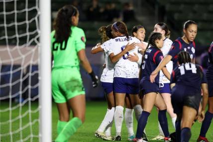 Feb 20, 2024; Carson, California, USA;  United States forward Lynn Williams (6) celebrates with teammates after scoring a goal against the Dominican Republic during the first half of the 2024 Concacaf W Gold Cup group stage game at Dignity Health Sports Park. Mandatory Credit: Kiyoshi Mio-USA TODAY Sports