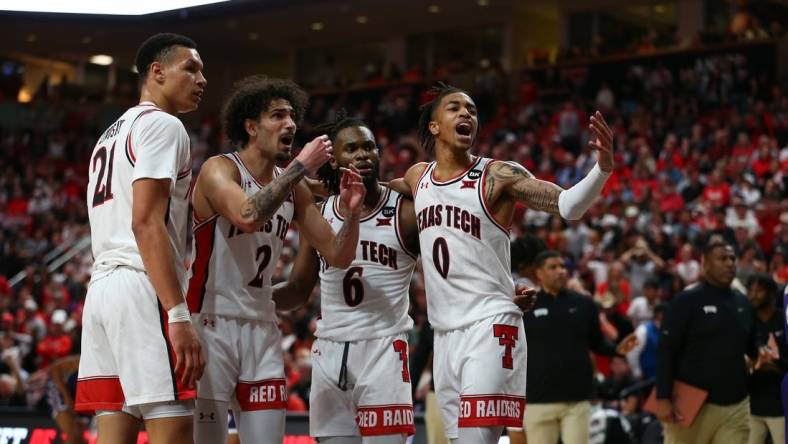 Feb 20, 2024; Lubbock, Texas, USA;  Texas Tech Red Raiders forward KeyRon Lindsay (21), guard Pop Isaacs (2), guard Joe Toussaint (6) and guard Chance McMillian (0) in the second half during the game against the TCU Horned Frogs at United Supermarkets Arena. Mandatory Credit: Michael C. Johnson-USA TODAY Sports