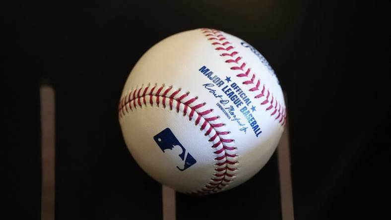 A baseball waiting to be used as a prop during Photo Day for the Diamondbacks at Salt River Fields at Talking Stick near Scottsdale on Feb. 21, 2024.