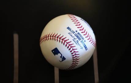 A baseball waiting to be used as a prop during Photo Day for the Diamondbacks at Salt River Fields at Talking Stick near Scottsdale on Feb. 21, 2024.