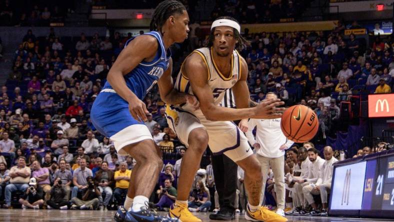 Feb 21, 2024; Baton Rouge, Louisiana, USA; LSU Tigers guard Mike Williams III (2) dribbles against the Kentucky Wildcats  during the first half of the game at Pete Maravich Assembly Center. Mandatory Credit: Stephen Lew-USA TODAY Sports