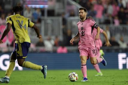 Feb 21, 2024; Fort Lauderdale, Florida, USA; Inter Miami CF forward Lionel Messi (10) kicks the ball against Real Salt Lake during the second half at Chase Stadium. Mandatory Credit: Nathan Ray Seebeck-USA TODAY Sports