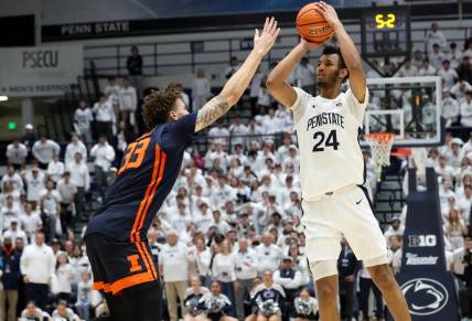 Feb 21, 2024; University Park, Pennsylvania, USA; Penn State Nittany Lions forward Zach Hicks (24) shoots before being fouled by Illinois Fighting Illini forward Coleman Hawkins (33) during the second half at Rec Hall. Penn State defeated Illinois 90-89. Mandatory Credit: Matthew O'Haren-USA TODAY Sports