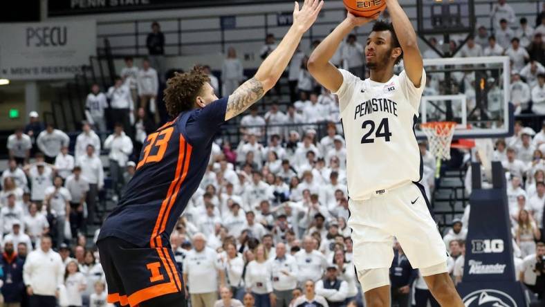 Feb 21, 2024; University Park, Pennsylvania, USA; Penn State Nittany Lions forward Zach Hicks (24) shoots before being fouled by Illinois Fighting Illini forward Coleman Hawkins (33) during the second half at Rec Hall. Penn State defeated Illinois 90-89. Mandatory Credit: Matthew O'Haren-USA TODAY Sports