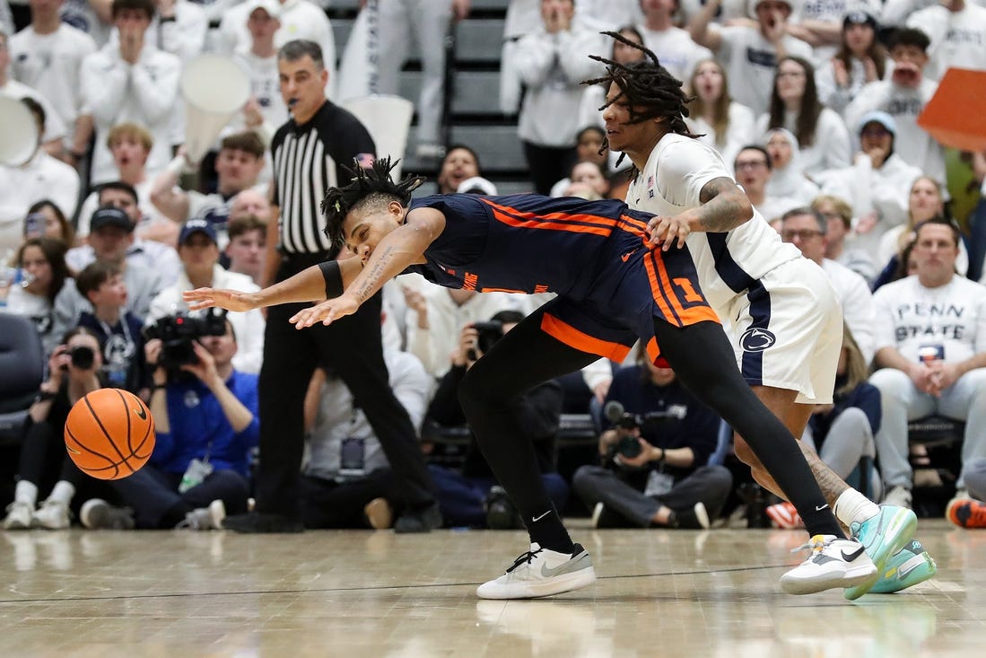 Feb 21, 2024; University Park, Pennsylvania, USA; Illinois Fighting Illini guard Terrence Shannon Jr (0) loses control of the ball during the second half against the Penn State Nittany Lions at Rec Hall. Penn State defeated Illinois 90-89. Mandatory Credit: Matthew O