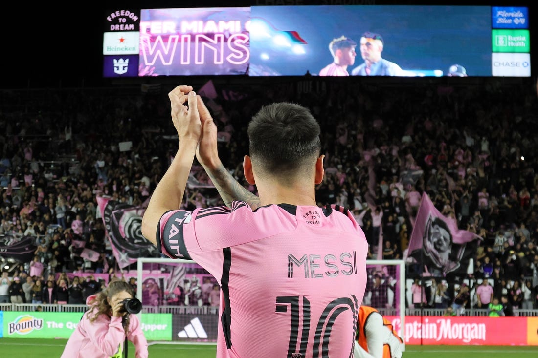 Feb 21, 2024; Fort Lauderdale, Florida, USA; Inter Miami CF forward Lionel Messi (10) reacts after the game against Real Salt Lake at Chase Stadium. Mandatory Credit: Sam Navarro-USA TODAY Sports