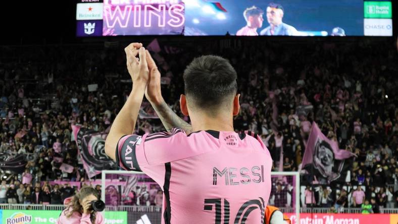 Feb 21, 2024; Fort Lauderdale, Florida, USA; Inter Miami CF forward Lionel Messi (10) reacts after the game against Real Salt Lake at Chase Stadium. Mandatory Credit: Sam Navarro-USA TODAY Sports