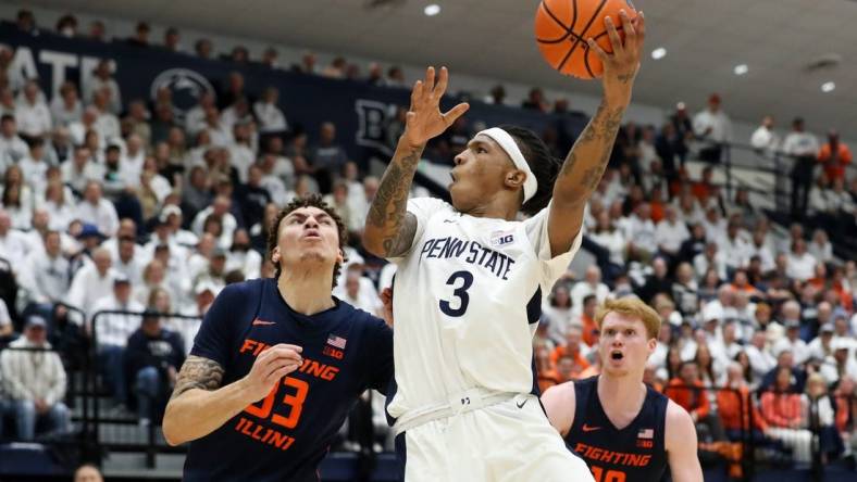 Feb 21, 2024; University Park, Pennsylvania, USA; Penn State Nittany Lions guard Nick Kern Jr (3) drives as Illinois Fighting Illini forward Coleman Hawkins (33) defends during the second half at Rec Hall. Penn State defeated Illinois 90-89. Mandatory Credit: Matthew O'Haren-USA TODAY Sports