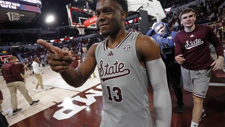 Feb 21, 2024; Starkville, Mississippi, USA; Mississippi State Bulldogs guard Josh Hubbard (13) reacts toward fans after defeating the Mississippi Rebels at Humphrey Coliseum. Mandatory Credit: Petre Thomas-USA TODAY Sports