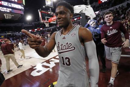 Feb 21, 2024; Starkville, Mississippi, USA; Mississippi State Bulldogs guard Josh Hubbard (13) reacts toward fans after defeating the Mississippi Rebels at Humphrey Coliseum. Mandatory Credit: Petre Thomas-USA TODAY Sports
