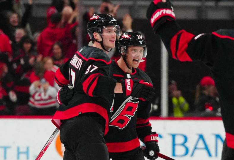 Feb 22, 2024; Raleigh, North Carolina, USA; Carolina Hurricanes center Sebastian Aho (20) is congratulated by right wing Andrei Svechnikov (37) after his goal against the Florida Panthers during the third period at PNC Arena. Mandatory Credit: James Guillory-USA TODAY Sports