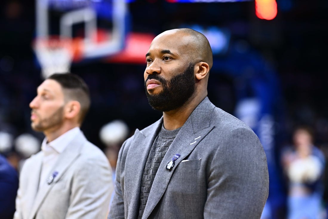 Feb 4, 2024; Philadelphia, Pennsylvania, USA; Villanova Wildcats head coach Kyle Neptune looks on before the game against the Providence Friars at Wells Fargo Center. Mandatory Credit: Kyle Ross-USA TODAY Sports