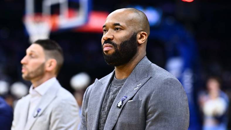 Feb 4, 2024; Philadelphia, Pennsylvania, USA; Villanova Wildcats head coach Kyle Neptune looks on before the game against the Providence Friars at Wells Fargo Center. Mandatory Credit: Kyle Ross-USA TODAY Sports