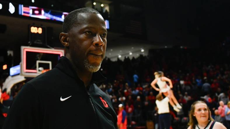 Feb 13, 2024; Dayton, Ohio, USA;  Dayton Flyers head coach Anthony Grant walks off the court after the game against Duquesne during the game at University of Dayton Arena. Mandatory Credit: Matt Lunsford-USA TODAY Sports