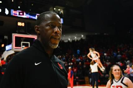 Feb 13, 2024; Dayton, Ohio, USA;  Dayton Flyers head coach Anthony Grant walks off the court after the game against Duquesne during the game at University of Dayton Arena. Mandatory Credit: Matt Lunsford-USA TODAY Sports