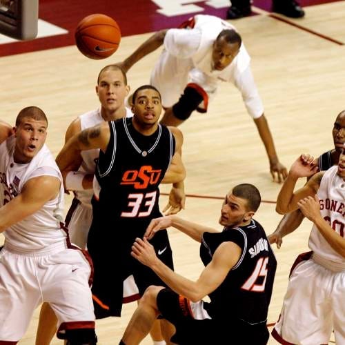 From left, OU's Blake Griffin, OU's Taylor Griffin, OSU's Marshall Moses (33) OSU's Nick Sidorakis, OSU's Marcus Dove and OU's Austin Johnson (20) go after a rebound in the first half during the men's Bedlam basketball game between Oklahoma State University and the University of Oklahoma at Lloyd Noble Center in Norman, Okla., Monday, January 28, 2008. BY MATT STRASEN, THE OKLAHOMAN ORG XMIT: KOD