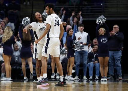 Feb 24, 2024; University Park, Pennsylvania, USA; Penn State Nittany Lions forward Zach Hicks (24) celebrates with guard Ace Baldwin Jr (1) after making a three point shot during the second half against the Indiana Hoosiers at Bryce Jordan Center. Penn State defeated Indiana 83-74. Mandatory Credit: Matthew O'Haren-USA TODAY Sports